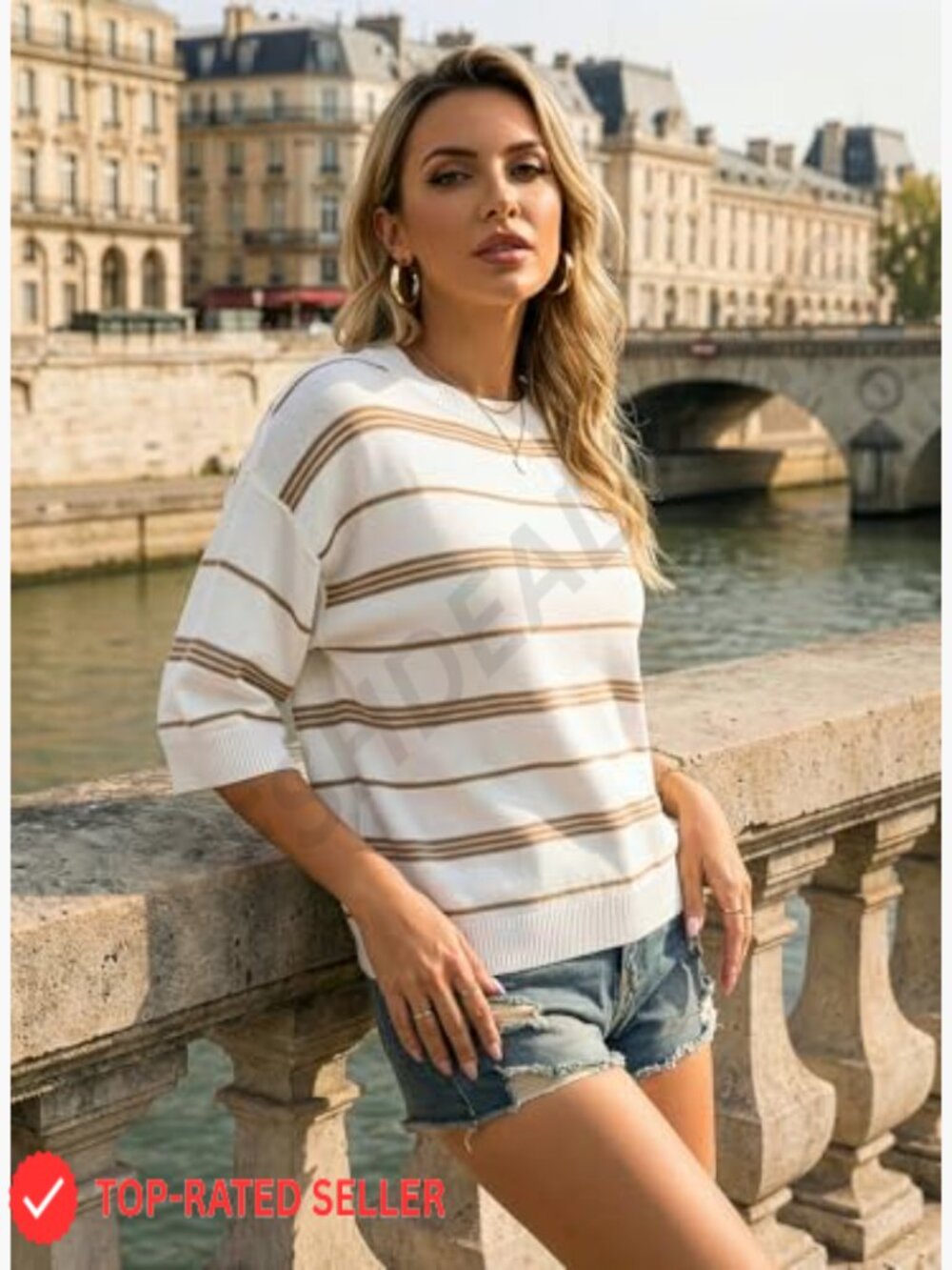 Oversized Striped 3/4 Sleeve Sweater Lightweight Knit Crewneck Pullover Top - Picture 3 of 7